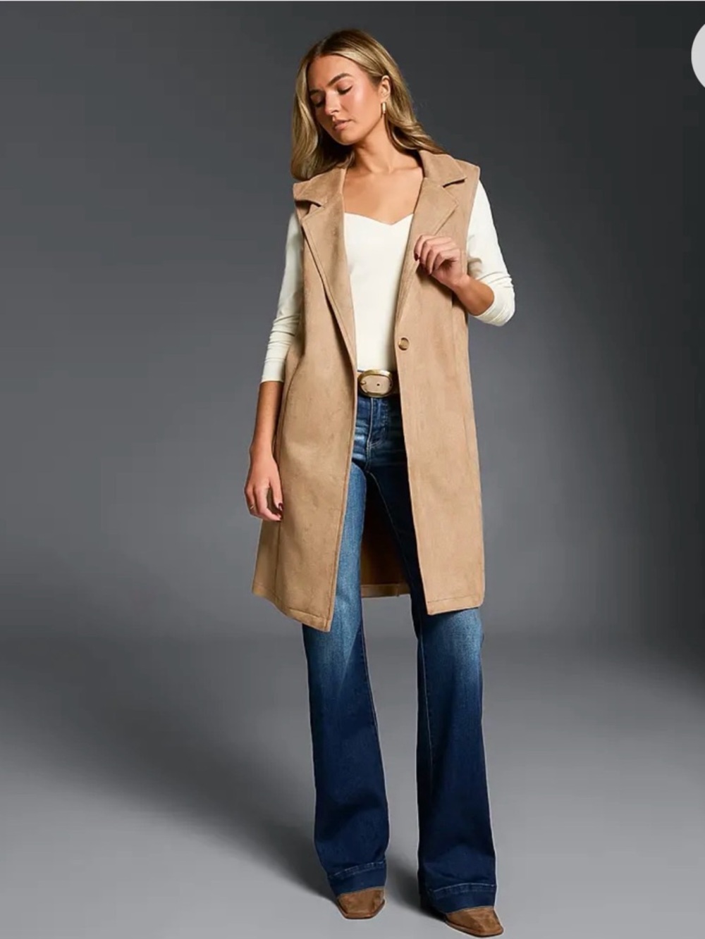 NWT Buckle Black Faux Suede Blazer Vest, Tan, Size S